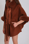 Red Brown Cashmere Cape Coat with Fox Fur Accessories - 6
