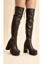 Women's Leather Look Platform Sole Thick Heeled Long Boots