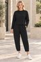 Women's Round Neck Textured Off-Shoulder Sweatshirt and Ankle-Length Pants Set Elastic Waist Lycra Stretchy Pockets Sporty Stylish Two-Piece Combination Black - 4