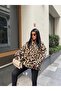 Women's Leopard Patterned Oversized Plush Sweatshirt with Half Zipper - 2
