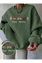 Women's Green Cute Autumn Printed Oversize Crew Neck Sweatshirt