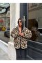 Women's Leopard Patterned Zippered Oversize Plush Sweatshirt - 2