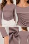 Women's Brown Boat Neck Gathered Detailed Long Sleeve Lined Viscose Blouse - 5