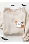 Women's Beige Ghost Printed Oversize Crew Neck Sweatshirt - 2