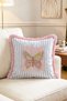 Butterfly Patterned Pink Blue Striped Decorative Throw Pillow Cover with Tassels - 2