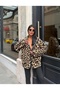 Women's Leopard Patterned Zippered Oversize Plush Sweatshirt - 3