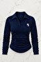 Sim Patterned Polo Neck Long Sleeve Blouse