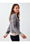 Ecru Houndstooth Patterned Crew Neck Knit Sweater - 5