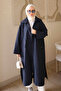 Navy Blue Trench Coat with Snap Buttons and Zipper on the Sides - 5