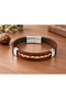 Sembrio Creamline Brown Leather Men's Bracelet - Plain Band Model with Cream Braided Strips - 2