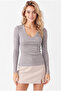 Women's Gray Melange V-Neck Long Sleeve 95% Cotton Ribbed Basic Blouse