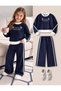 Girl's Navy Blue Striped Good Memory Printed Crew Neck Sweatshirt-Navy Blue Wide Leg Striped Sweatpants Set