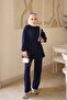Navy Blue Elastic Waist Striped Tunic and Trousers Set - 2