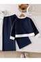 Girl's Navy Blue Striped Good Memory Printed Crew Neck Sweatshirt-Navy Blue Wide Leg Striped Sweatpants Set - 2