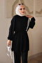 Black Elastic Waist Striped Tunic Pants Set - 3