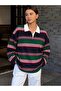 Women's Green Navy Blue Striped Polo Collar Oversize Rugby T-Shirt - 4