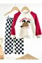 Boy's Top Dog Printed Sweatshirt Bottom Checkered Sweatpants Without Pockets 3-Thread Fabric Bottom Top Set - 2