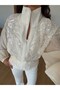 Women's Ecru Embroidered Stand Collar Jacket with Adjustable Waist Detail and Stone Embroidery