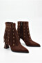 Women's Thick Striped Heeled Pointed Toe Studded Tasseled Suede Western Design Boots - 4