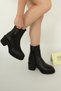 1414 Eren Shoes&Bag Genuine Leather Buckle Detailed Zippered Daily Elegant Thick Heeled Women's Boots Real Leather Black