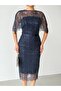 Navy Blue Strapless Cape Beaded Embroidered Midi Evening Dress - 5