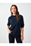 Navy Blue Diamond Patterned Crew Neck Elbow Sleeve Knit Sweater - 3