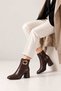 Metal Gold Buckle Zipper Detailed Brown Shiny Wrinkled Ankle Boots - 5