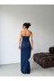 Navy Blue Strapless Underwire Glittery Long Evening Dress - 7