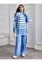 Women's Blue Turtleneck Striped Knitwear Set - 2