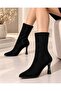 Women's Black Suede Stone Pointed Toe Back Zipper Boots 9cm Heel - 3