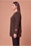 Large Size Knitted Knitwear Blouse with Tulle and Stone Detail in Brown - 2