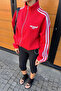 Red Oversized Striped Zippered Cardigan Sweatshirt with Fleece Inside - 7