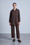 Floral Embroidered Zippered Textured Jacket and Trousers Set Brown
