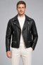 Men's Black Slim Fit Leather Jacket with Cross-Zipper and Fur Lining - 2