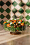 Glass Striped Salad Fruit Decorative Presentation Bowl with Acacia Stand