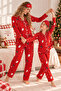 Red Christmas Patterned Long Sleeve Button Front Shirt Collar Mother Daughter Pajama Set - 3