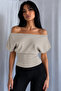100% Cotton Bele Open Shoulder Fleeced Flexible Crop Top Blouse - 3