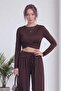 Women's Draped Crop Blouse and Tie Detail Wide Leg Pants Set Brown, Black - 2