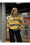 Women's Gray Yellow Striped Polo Collar Oversize Knitwear Sweater - 3