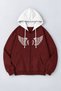 Unisex Wings Printed Burgundy White Segmented Color Hooded Zippered Cardigan