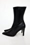 Black Leather Pointed Toe Heeled Boots 24374 - 3