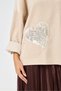 Italian Beige Heart Patterned Sequined Low Long Sleeve Oversize Velvet Blouse 40 - 46 Size - 5