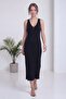 Women's V-Neck Thick Strap Ribbed Knit Midi Dress Red, Burgundy, Gray, Black, Green - 5