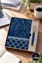1 Piece Blue Thermo Leather Notebook and Metal Roller Pen Set – A5 Lined Notepad, Navy Blue Metal Roller Pen, Patterned Gift Box, Notebook Journal