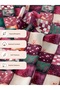 100% Cotton Satin Patchwork Fabric – 300X155 cm – Floral and Geometric Patterns, in Burgundy Pink, Turquoise, and Cream Tones - 6