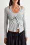 Gri Melanj Fitted/Vücuda Oturan İkili V Yaka Uzun Kollu Premium Yumuşak Örme Bluz TWOSS26BZ00269 - 4
