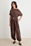 Brown Relaxed Boat Neck Short Belted Wide Leg Long Modal Premium Knitted Jumpsuit Twoss26Tu00036
