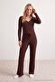 Kahverengi %100 Pamuklu Puantiyeli Fitilli/Pointel Örme Pijama Takımı THMAW27PT00128 - 2