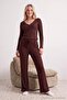 Kahverengi %100 Pamuklu Puantiyeli Fitilli/Pointel Örme Pijama Takımı THMAW27PT00128 - 3