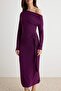 Mürdüm Bodycon/Vücuda Oturan Asimetrik Yaka Maxi Uzun kol Esnek Örme Elbise TWOAW27EL00180 - 3